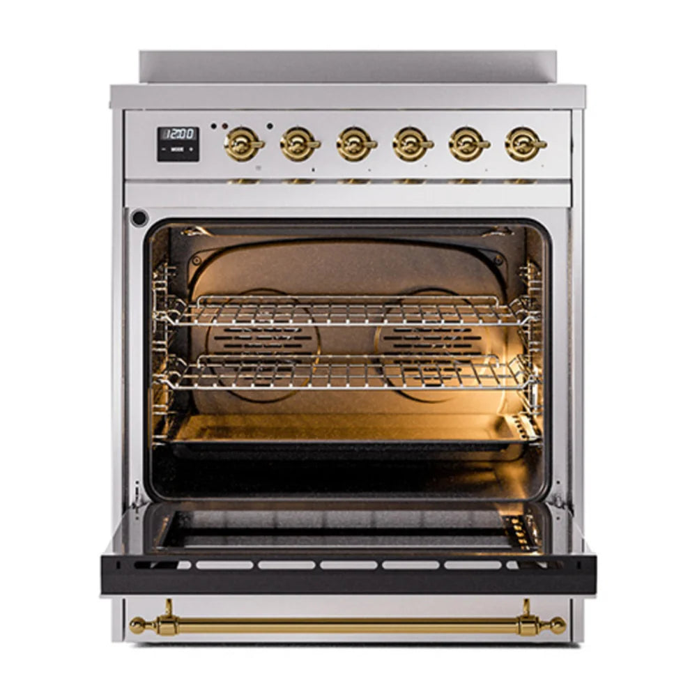 ILVE Nostalgie II 30" Induction Freestanding Range in Stainless Steel with Brass Trim, UPI304NMPSSG