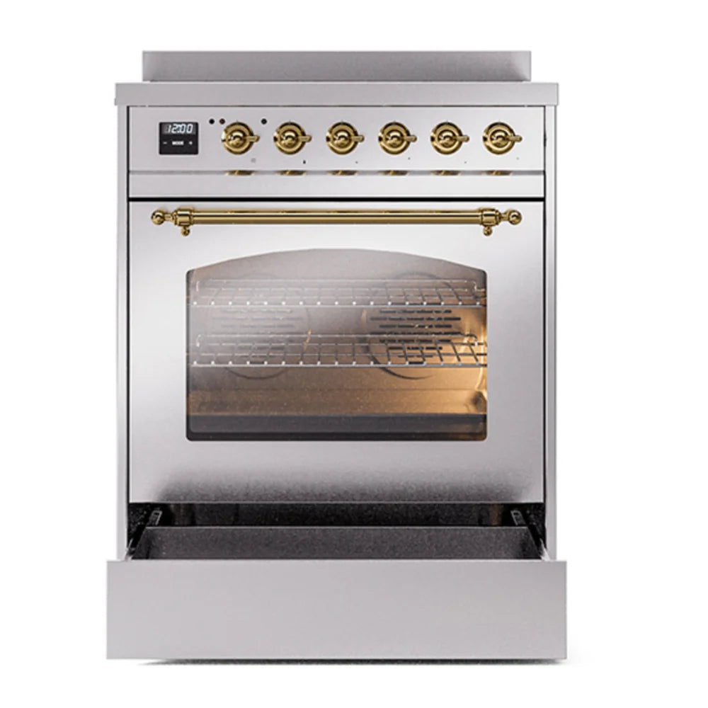 ILVE Nostalgie II 30" Induction Freestanding Range in Stainless Steel with Brass Trim, UPI304NMPSSG