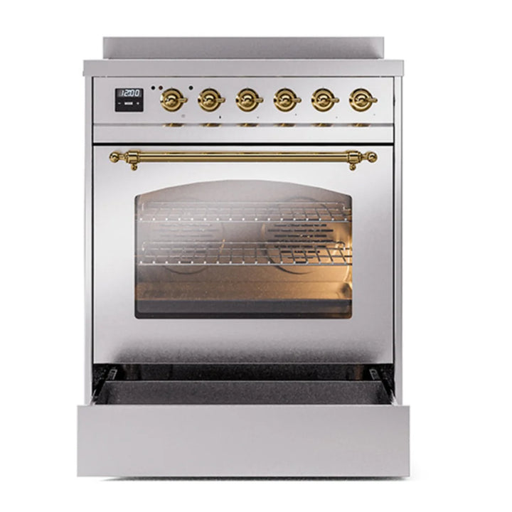 ILVE Nostalgie II 30" Induction Freestanding Range in Stainless Steel with Brass Trim, UPI304NMPSSG