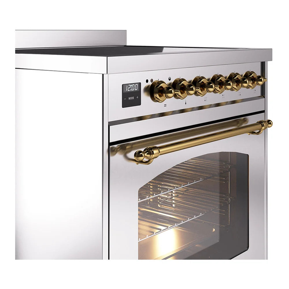 ILVE Nostalgie II 30" Induction Freestanding Range in Stainless Steel with Brass Trim, UPI304NMPSSG