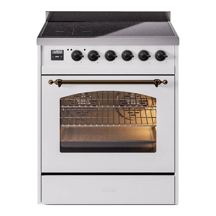 ILVE Nostalgie II 30" Induction Freestanding Range in White with Burnished Trim, UPI304NMPWHB