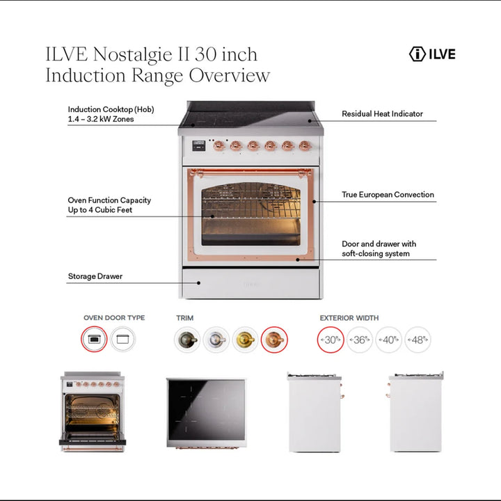 ILVE Nostalgie II 30" Induction Freestanding Range in White with Burnished Trim, UPI304NMPWHB