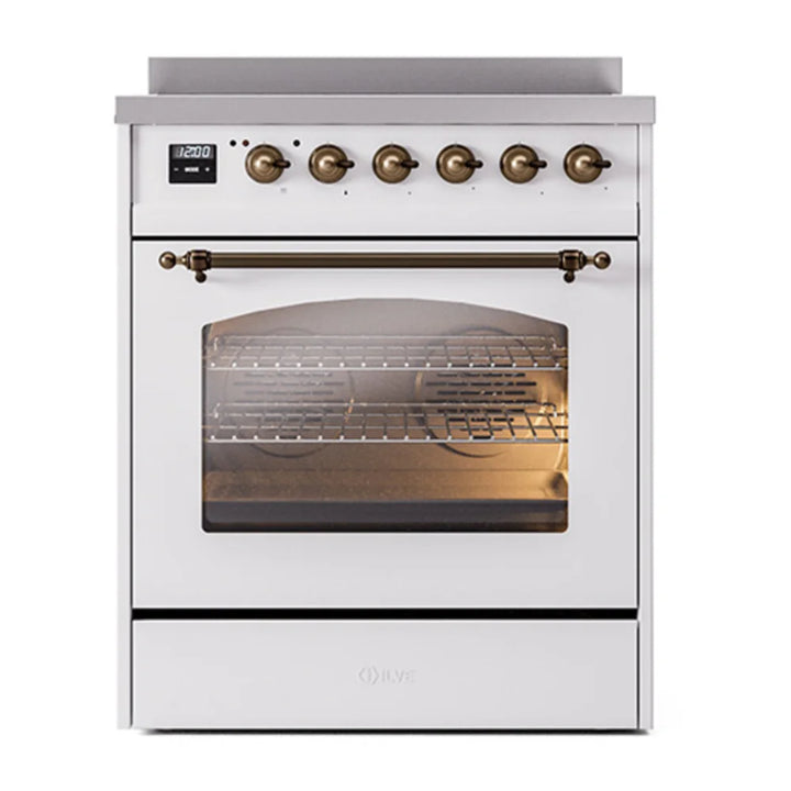 ILVE Nostalgie II 30" Induction Freestanding Range in White with Burnished Trim, UPI304NMPWHB