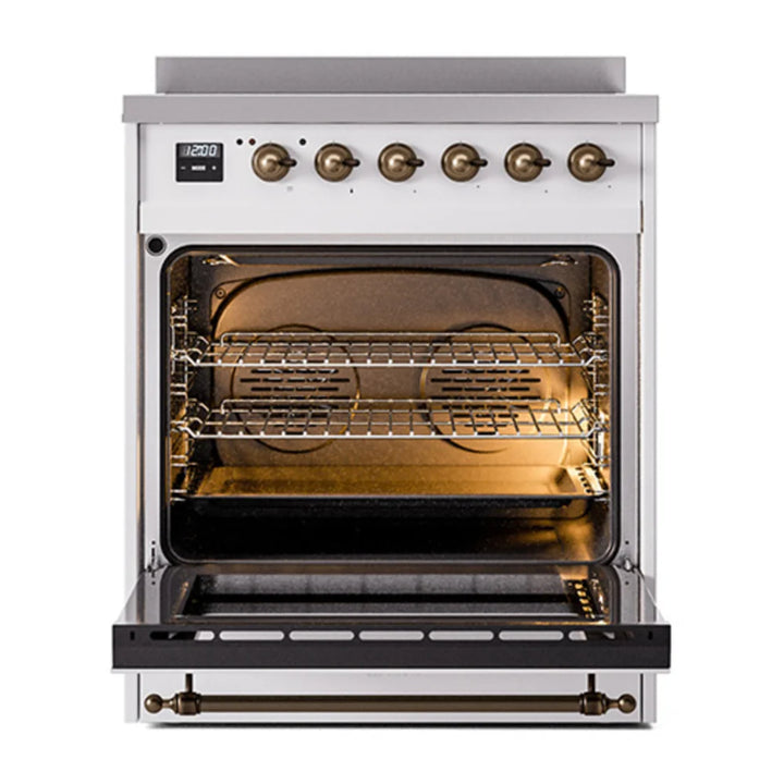 ILVE Nostalgie II 30" Induction Freestanding Range in White with Burnished Trim, UPI304NMPWHB