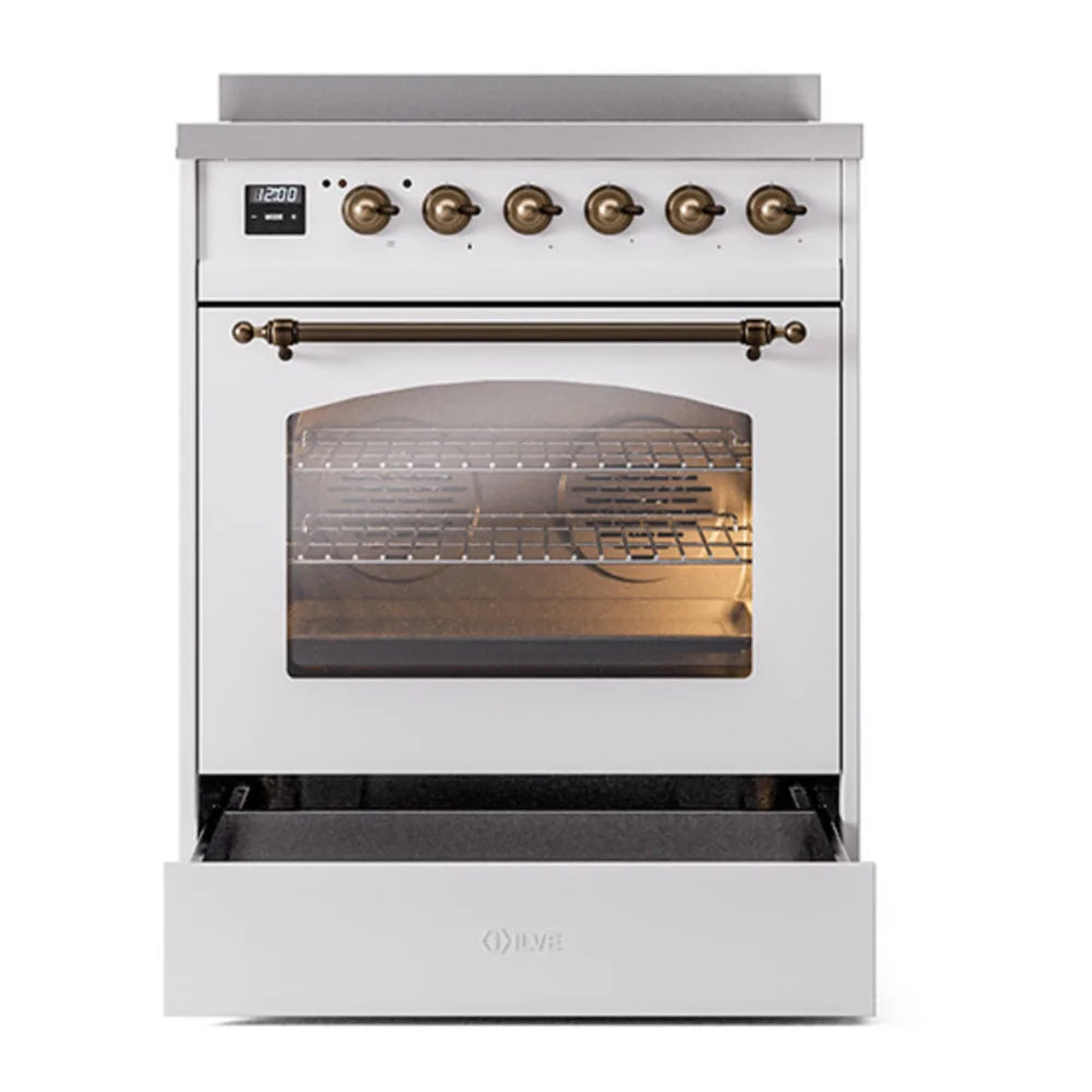 ILVE Nostalgie II 30" Induction Freestanding Range in White with Burnished Trim, UPI304NMPWHB