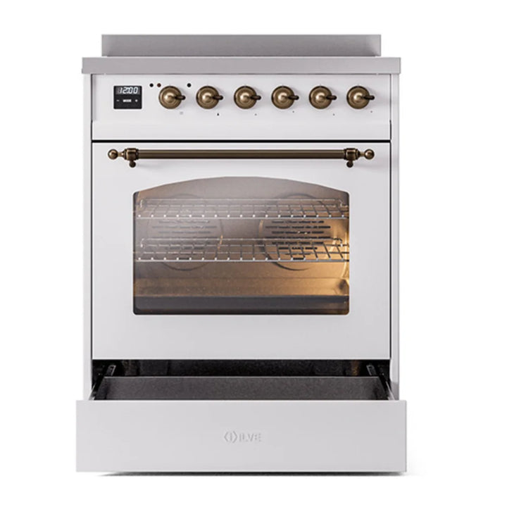 ILVE Nostalgie II 30" Induction Freestanding Range in White with Burnished Trim, UPI304NMPWHB