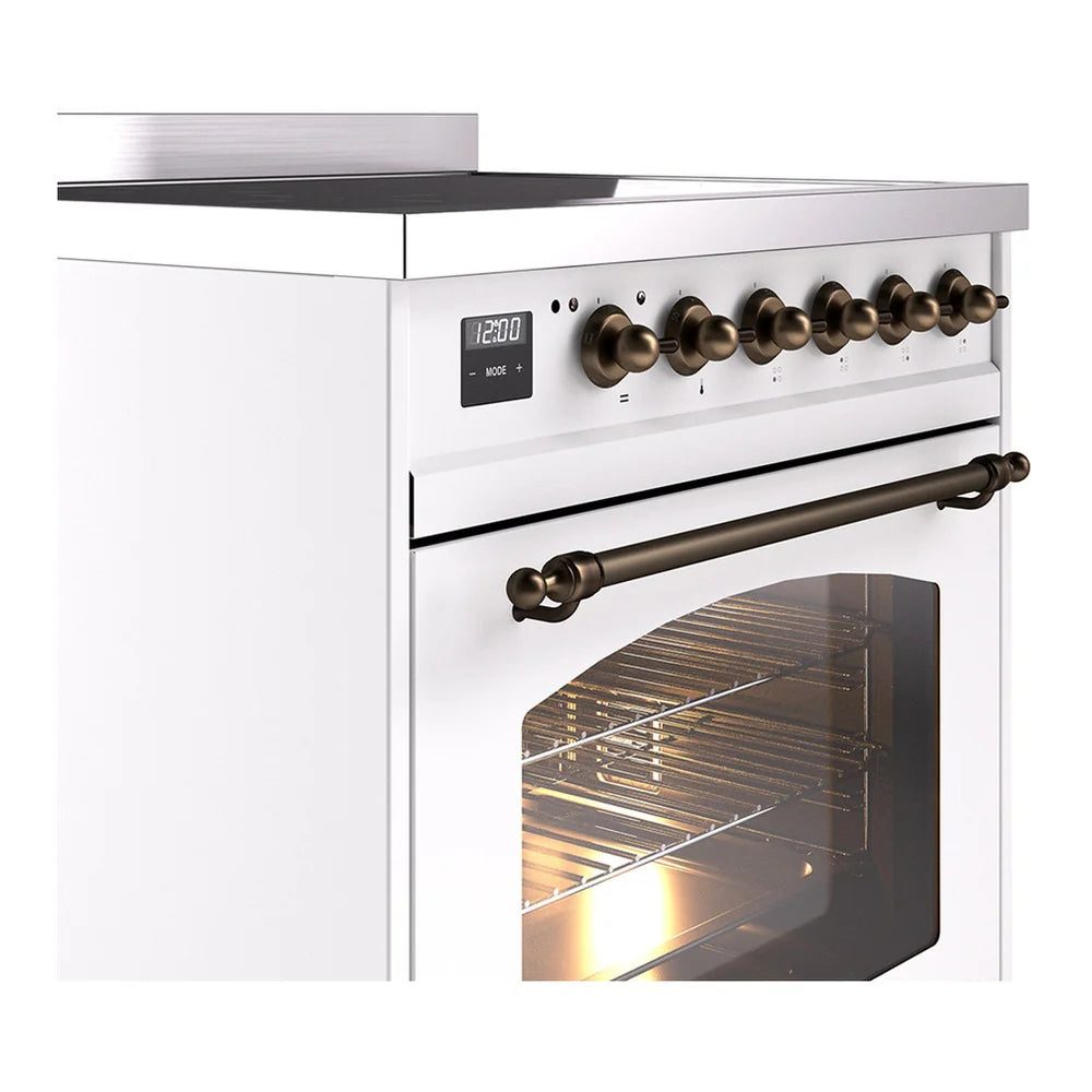 ILVE Nostalgie II 30" Induction Freestanding Range in White with Burnished Trim, UPI304NMPWHB