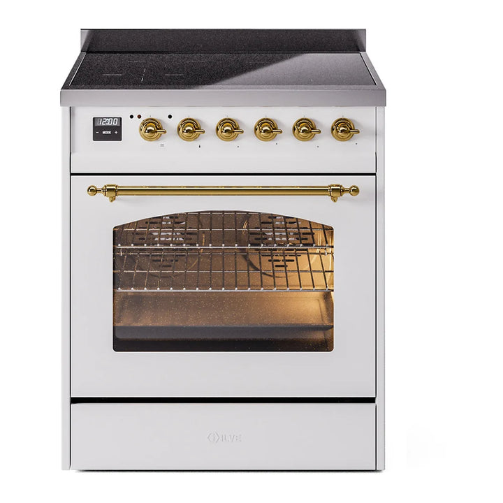 ILVE Nostalgie II 30" Induction Freestanding Range in White with Brass Trim, UPI304NMPWHG