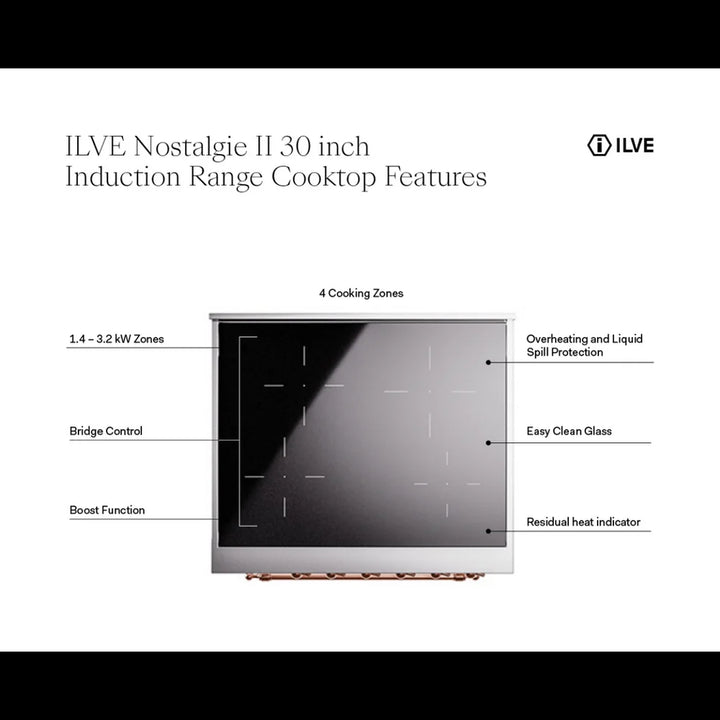 ILVE Nostalgie II 30" Induction Freestanding Range in White with Brass Trim, UPI304NMPWHG