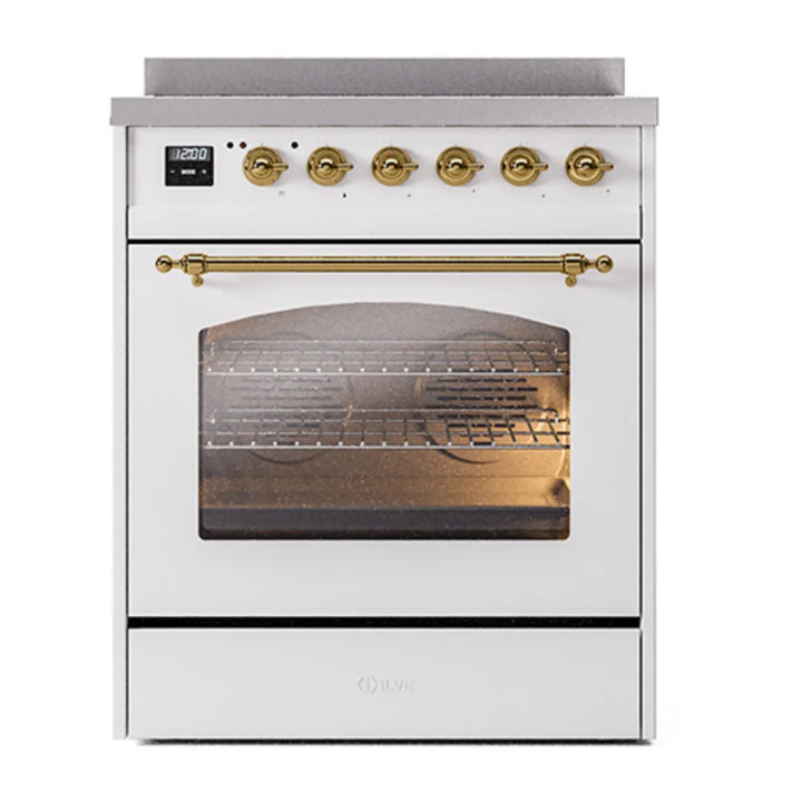 ILVE Nostalgie II 30" Induction Freestanding Range in White with Brass Trim, UPI304NMPWHG