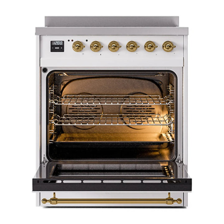 ILVE Nostalgie II 30" Induction Freestanding Range in White with Brass Trim, UPI304NMPWHG