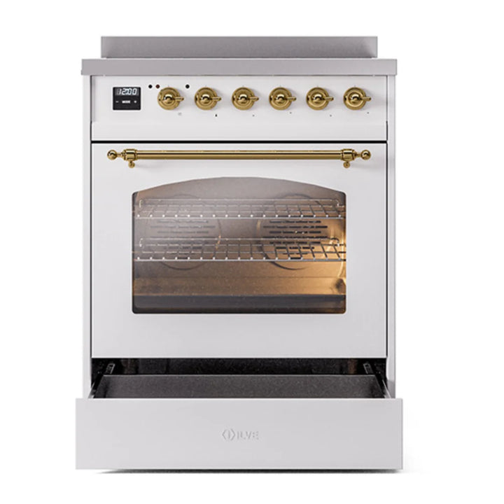 ILVE Nostalgie II 30" Induction Freestanding Range in White with Brass Trim, UPI304NMPWHG