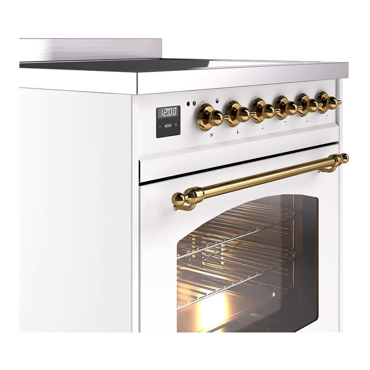 ILVE Nostalgie II 30" Induction Freestanding Range in White with Brass Trim, UPI304NMPWHG