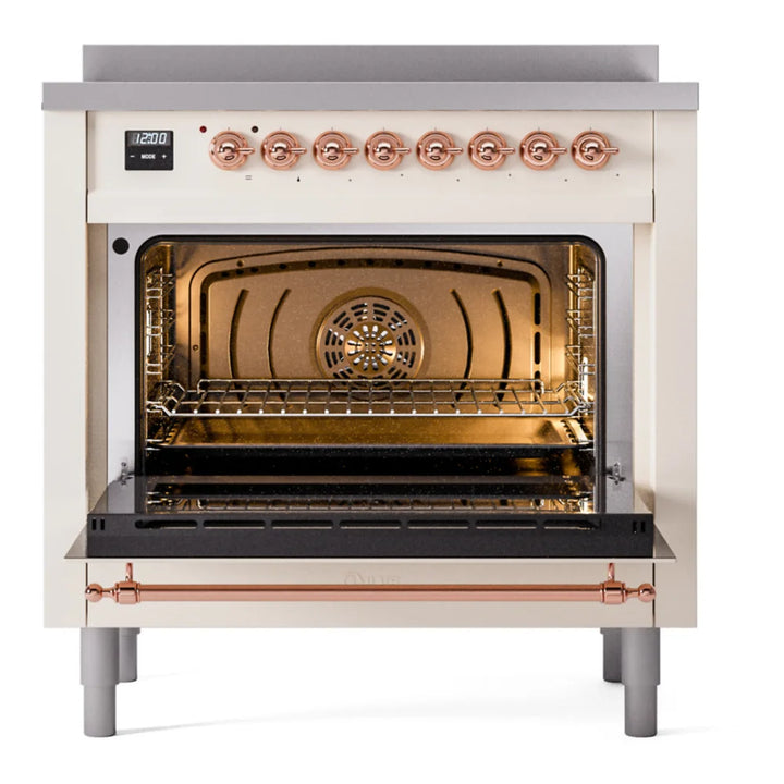 ILVE Nostalgie II 36" Induction Freestanding Range in Antique White with Brass Trim, UPI366NMPAWG