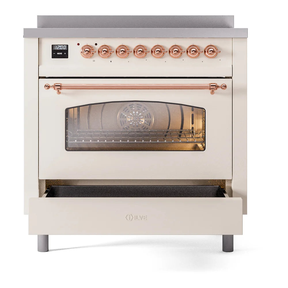 ILVE Nostalgie II 36" Induction Freestanding Range in Antique White with Brass Trim, UPI366NMPAWG