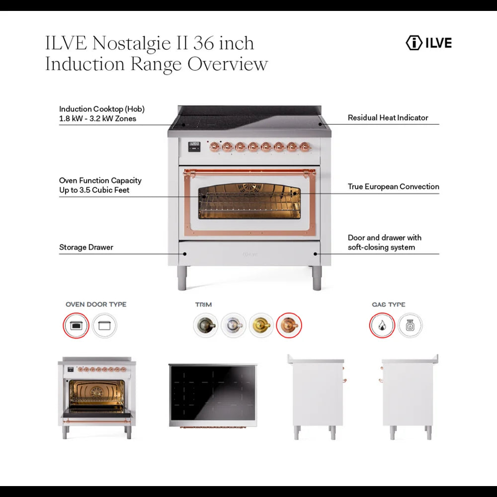ILVE Nostalgie II 36" Induction Freestanding Range in Blue Grey with Brass Trim, UPI366NMPBGG