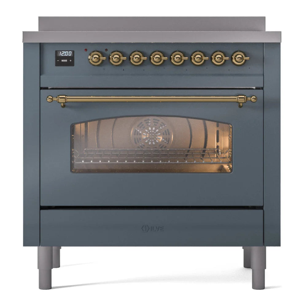 ILVE Nostalgie II 36" Induction Freestanding Range in Blue Grey with Brass Trim, UPI366NMPBGG