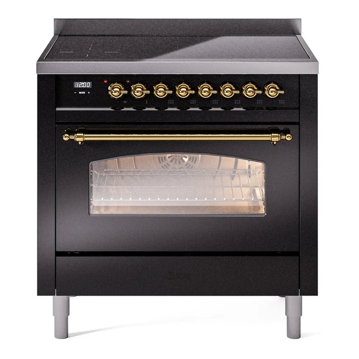 ILVE Nostalgie II 36" Induction Freestanding Range in Glossy Black with Brass Trim, UPI366NMPBKG