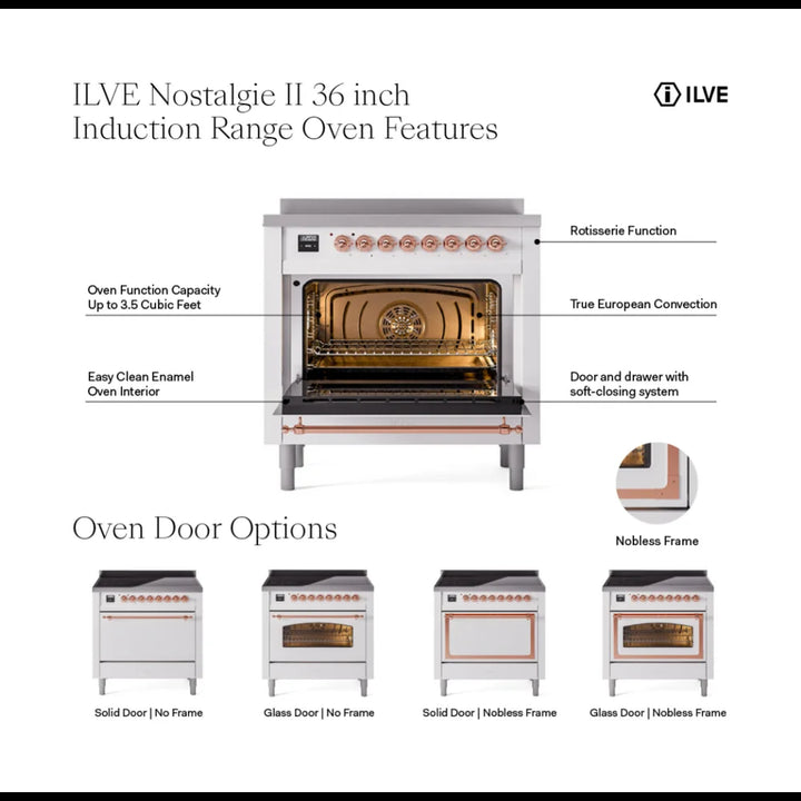 ILVE Nostalgie II 36" Induction Freestanding Range in Glossy Black with Brass Trim, UPI366NMPBKG