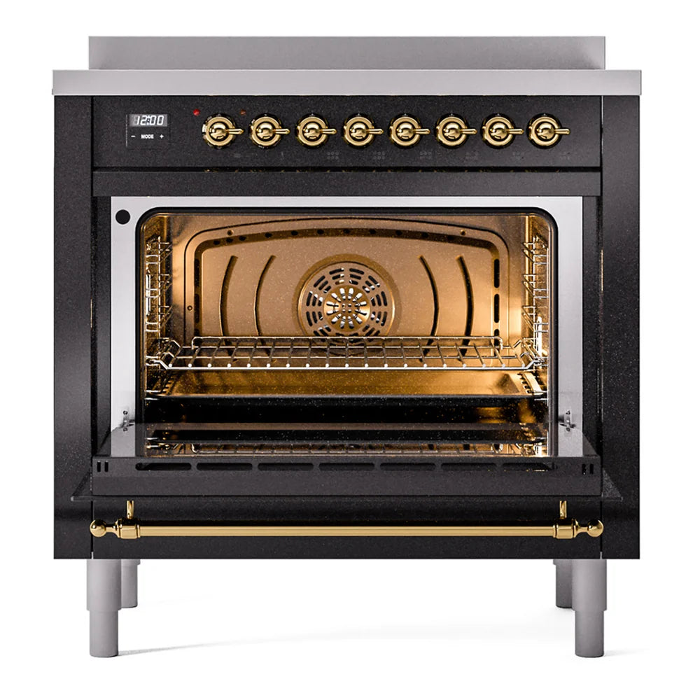 ILVE Nostalgie II 36" Induction Freestanding Range in Glossy Black with Brass Trim, UPI366NMPBKG