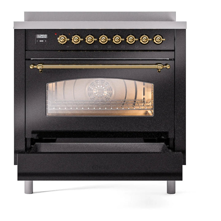 ILVE Nostalgie II 36" Induction Freestanding Range in Glossy Black with Brass Trim, UPI366NMPBKG