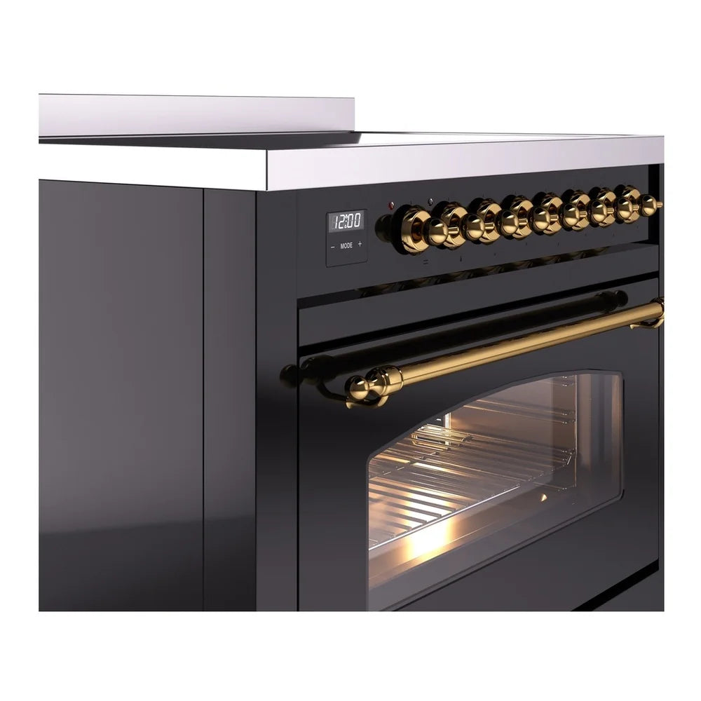 ILVE Nostalgie II 36" Induction Freestanding Range in Glossy Black with Brass Trim, UPI366NMPBKG