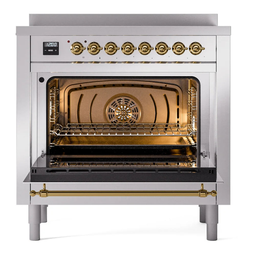 ILVE Nostalgie II 36" Induction Freestanding Range in Stainless Steel with Brass Trim, UPI366NMPSSG