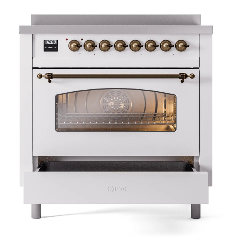 ILVE Nostalgie II 36" Induction Freestanding Range in White with Burnished Trim, UPI366NMPWHB