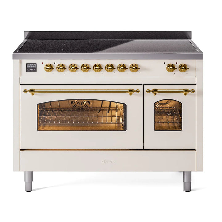 ILVE Nostalgie II 48" Induction Freestanding Range in Antique White with Brass Trim, UPI486NMPAWG