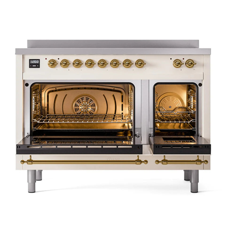 ILVE Nostalgie II 48" Induction Freestanding Range in Antique White with Brass Trim, UPI486NMPAWG