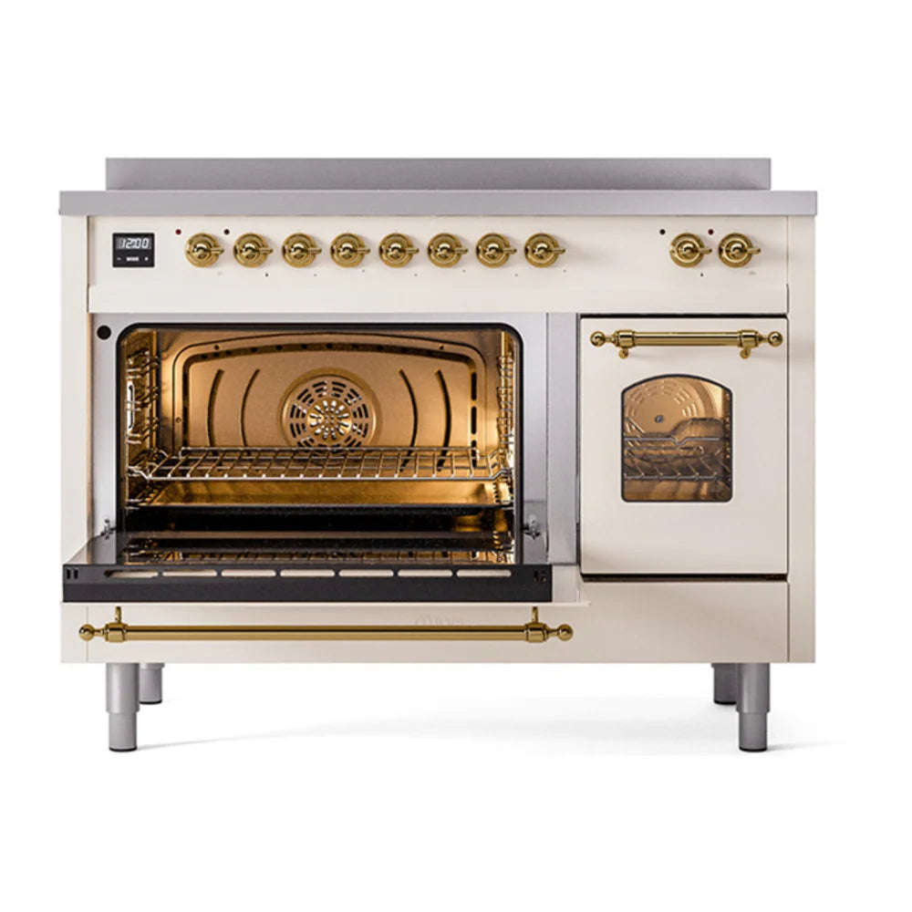 ILVE Nostalgie II 48" Induction Freestanding Range in Antique White with Brass Trim, UPI486NMPAWG
