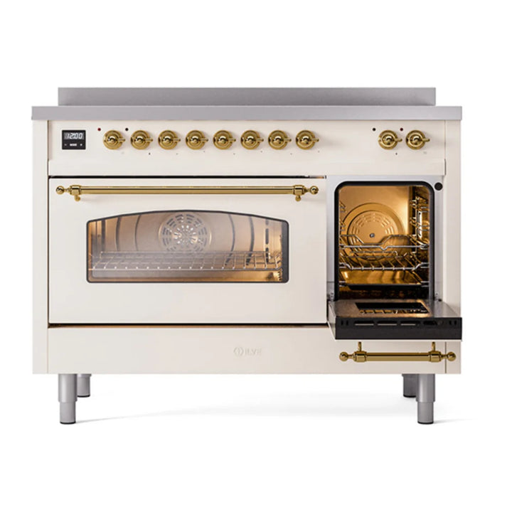ILVE Nostalgie II 48" Induction Freestanding Range in Antique White with Brass Trim, UPI486NMPAWG