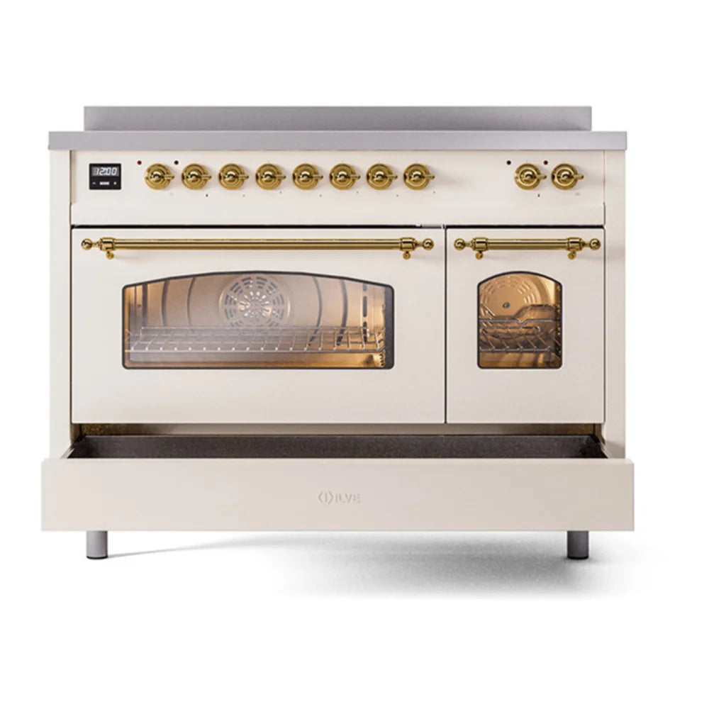 ILVE Nostalgie II 48" Induction Freestanding Range in Antique White with Brass Trim, UPI486NMPAWG
