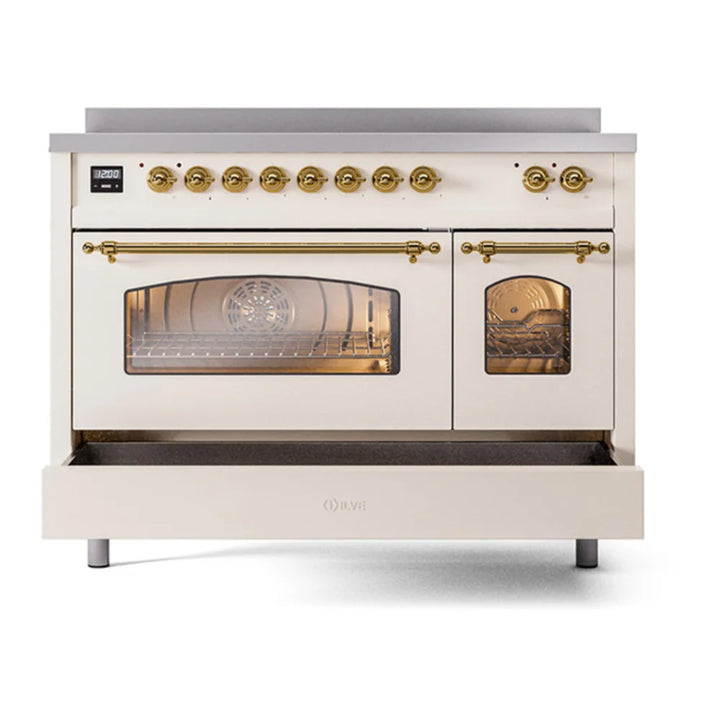 ILVE Nostalgie II 48" Induction Freestanding Range in Antique White with Brass Trim, UPI486NMPAWG