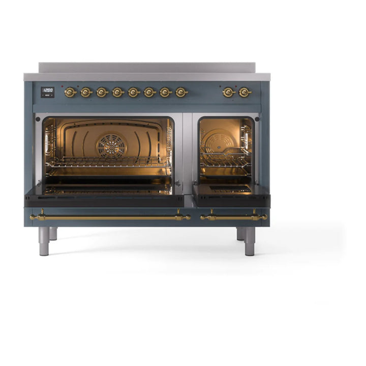 ILVE Nostalgie II 48" Induction Freestanding Range in Blue Grey with Brass Trim, UPI486NMPBGG