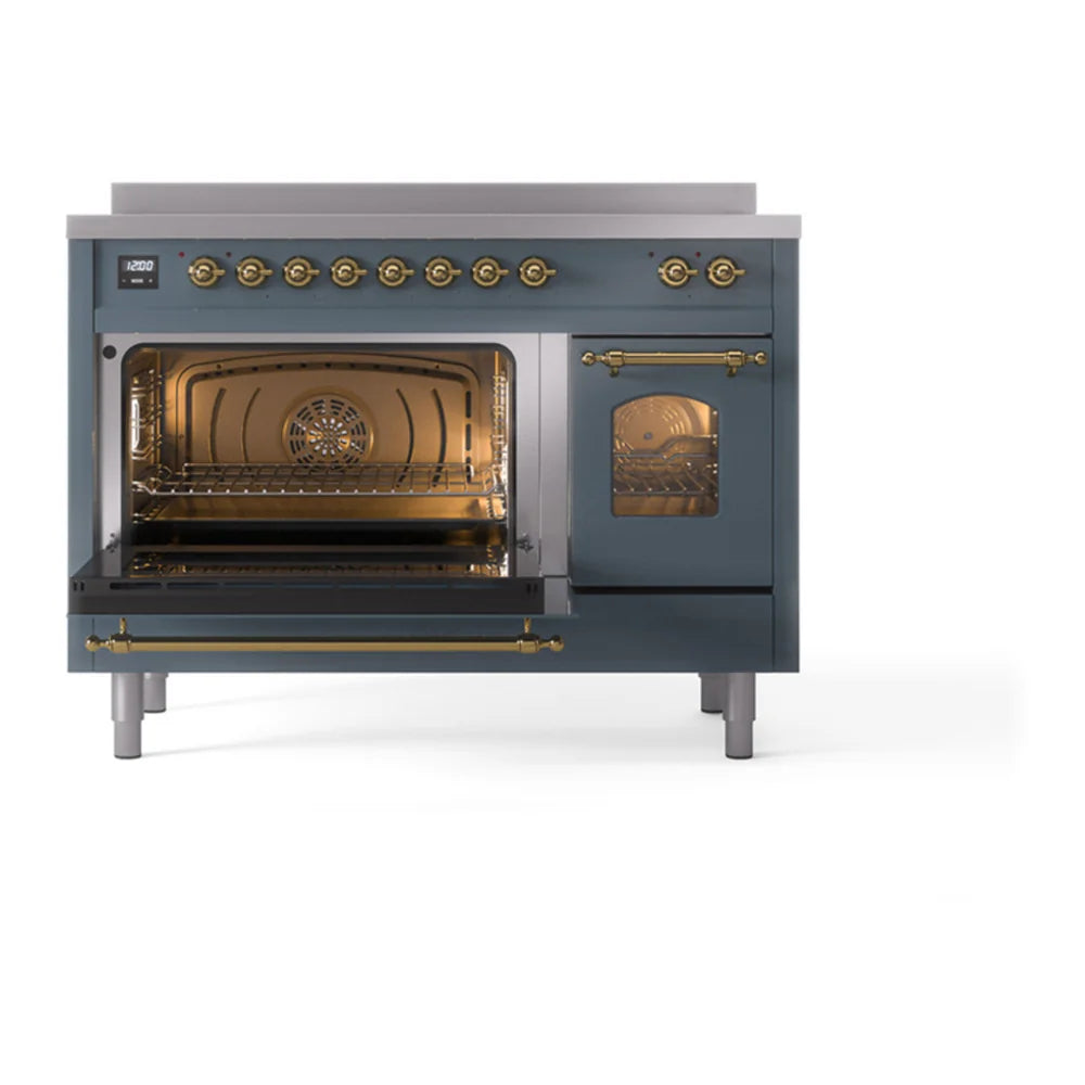 ILVE Nostalgie II 48" Induction Freestanding Range in Blue Grey with Brass Trim, UPI486NMPBGG