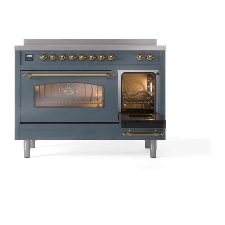 ILVE Nostalgie II 48" Induction Freestanding Range in Blue Grey with Brass Trim, UPI486NMPBGG