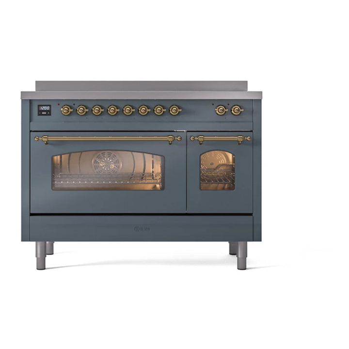 ILVE Nostalgie II 48" Induction Freestanding Range in Blue Grey with Brass Trim, UPI486NMPBGG