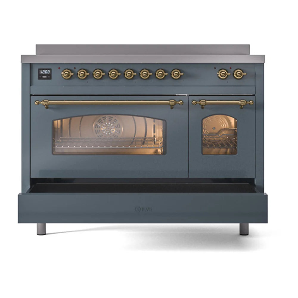 ILVE Nostalgie II 48" Induction Freestanding Range in Blue Grey with Brass Trim, UPI486NMPBGG