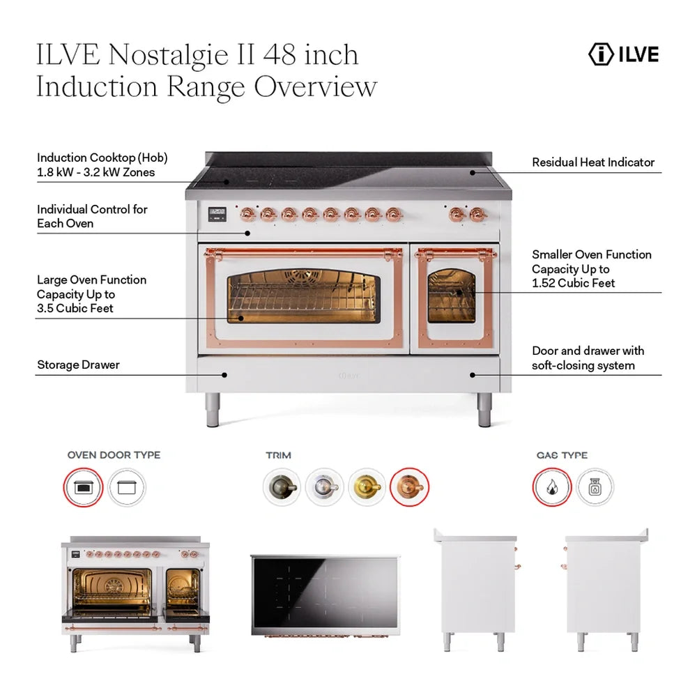 ILVE Nostalgie II 48" Induction Freestanding Range in Glossy Black with Brass Trim, UPI486NMPBKG