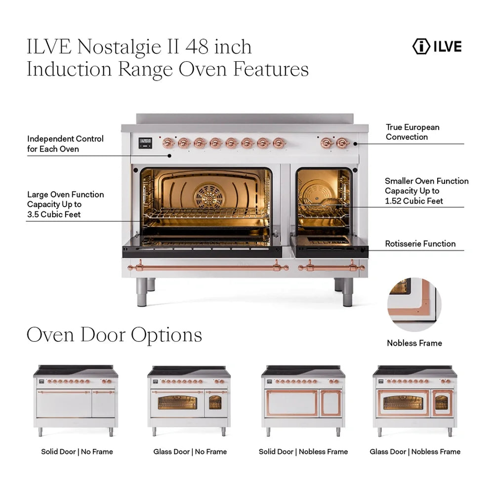 ILVE Nostalgie II 48" Induction Freestanding Range in Glossy Black with Brass Trim, UPI486NMPBKG