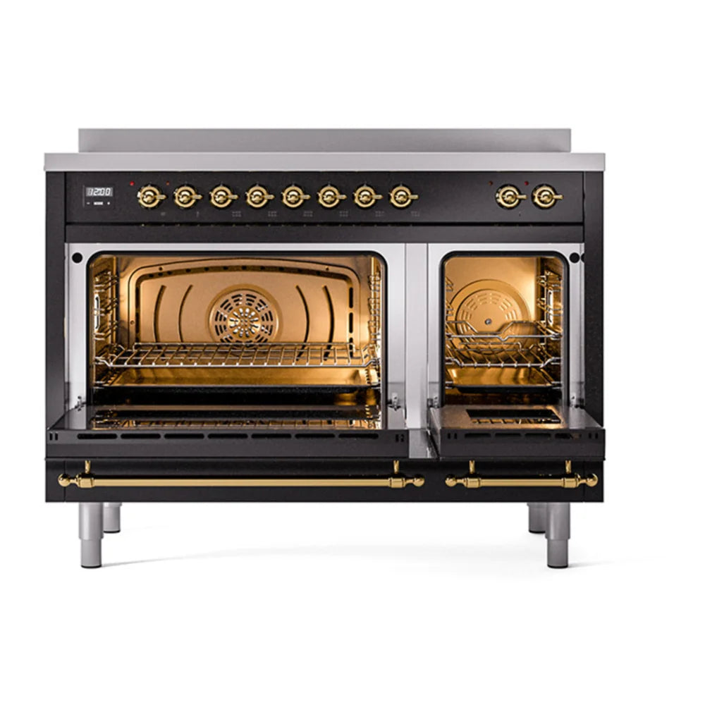 ILVE Nostalgie II 48" Induction Freestanding Range in Glossy Black with Brass Trim, UPI486NMPBKG