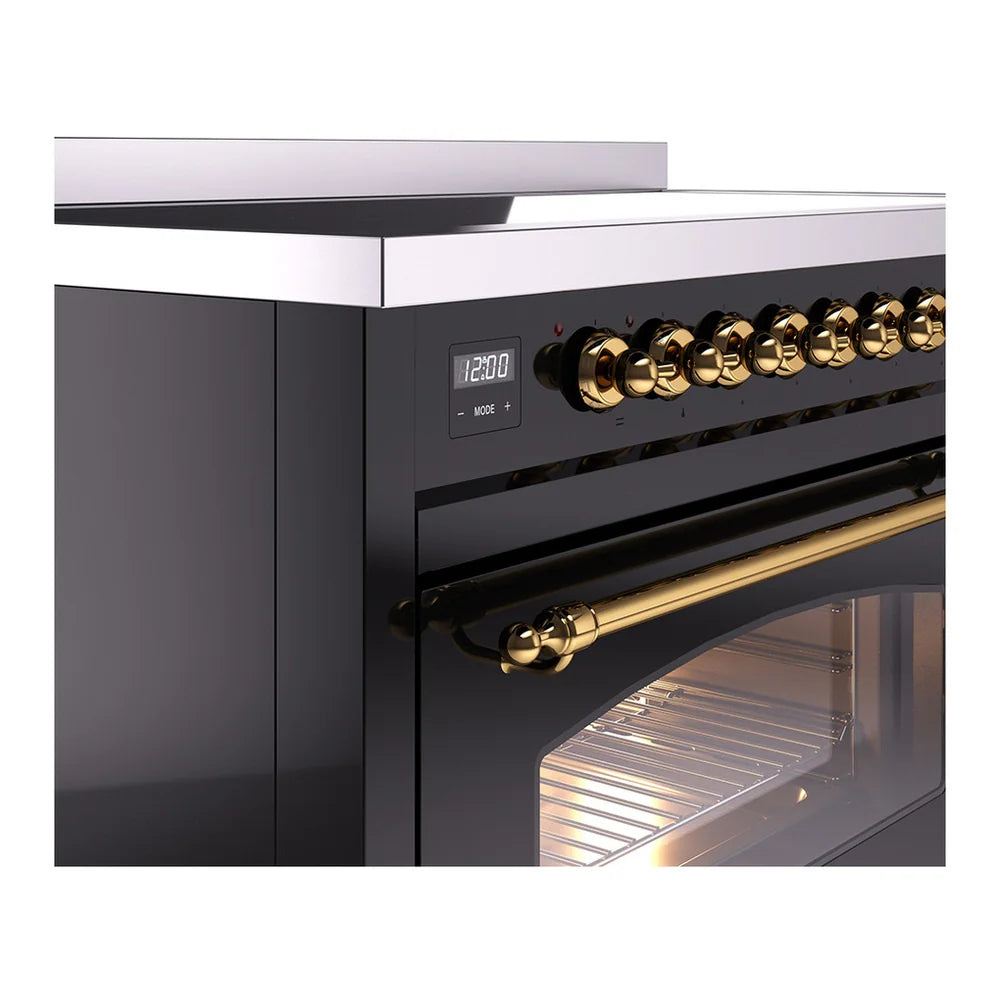 ILVE Nostalgie II 48" Induction Freestanding Range in Glossy Black with Brass Trim, UPI486NMPBKG