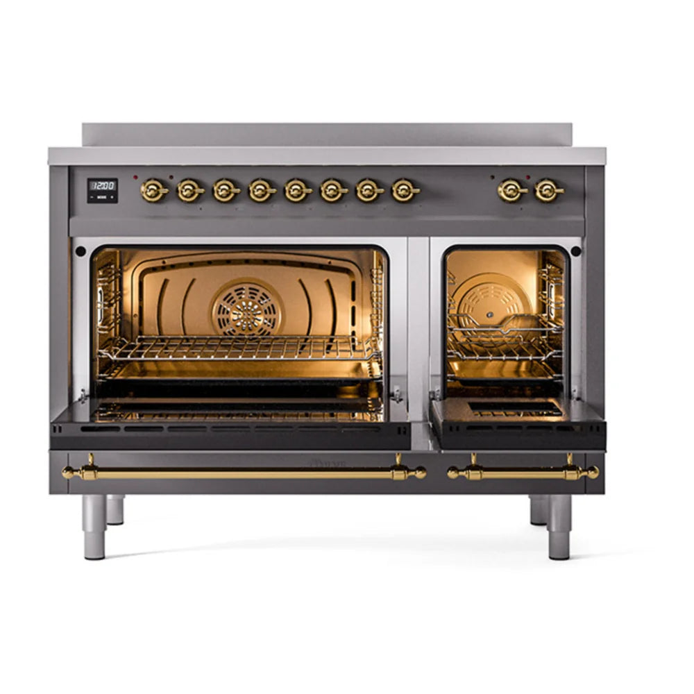 ILVE Nostalgie II 48" Induction Freestanding Range in Graphite Matte with Brass Trim, UPI486NMPMGG