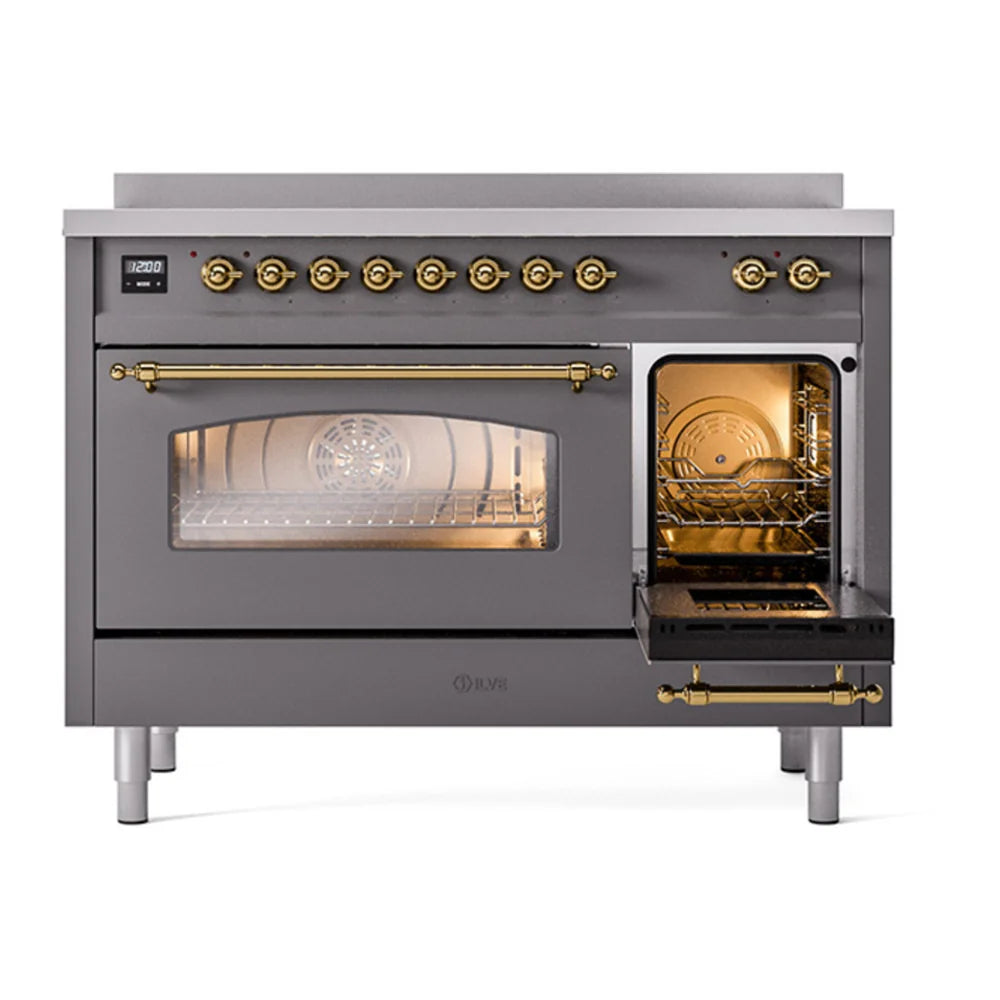 ILVE Nostalgie II 48" Induction Freestanding Range in Graphite Matte with Brass Trim, UPI486NMPMGG