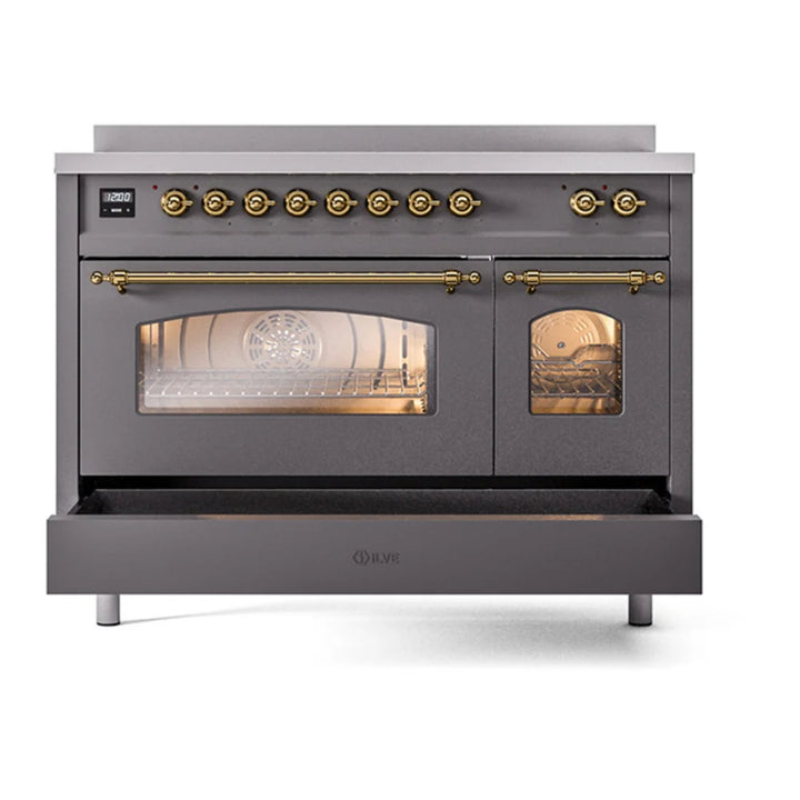 ILVE Nostalgie II 48" Induction Freestanding Range in Graphite Matte with Brass Trim, UPI486NMPMGG