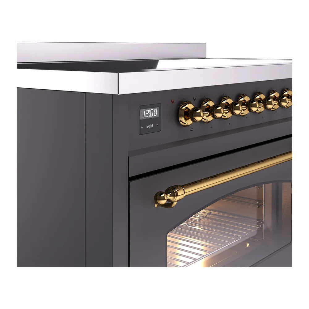 ILVE Nostalgie II 48" Induction Freestanding Range in Graphite Matte with Brass Trim, UPI486NMPMGG