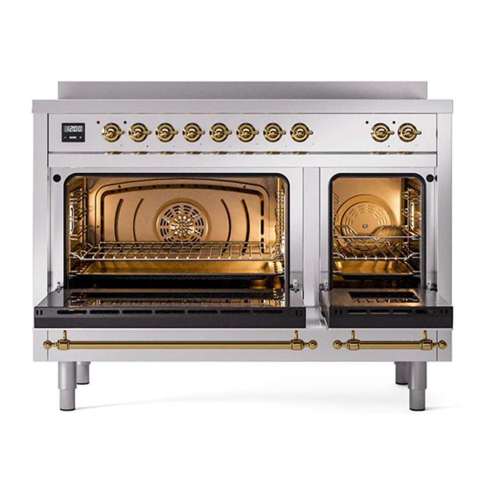ILVE Nostalgie II 48" Induction Freestanding Range in Stainless Steel with Brass Trim, UPI486NMPSSG