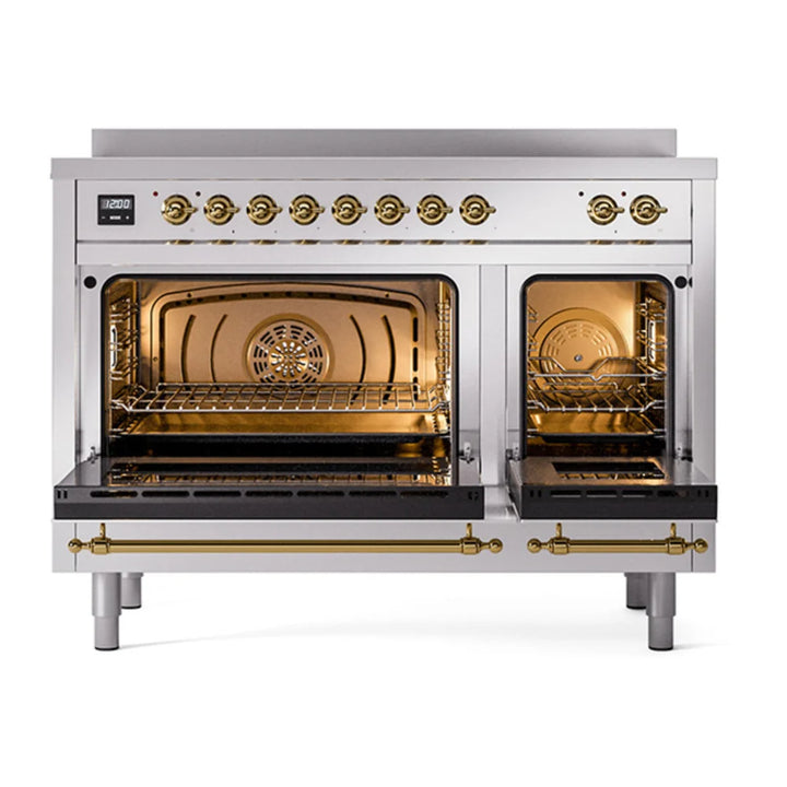 ILVE Nostalgie II 48" Induction Freestanding Range in Stainless Steel with Brass Trim, UPI486NMPSSG