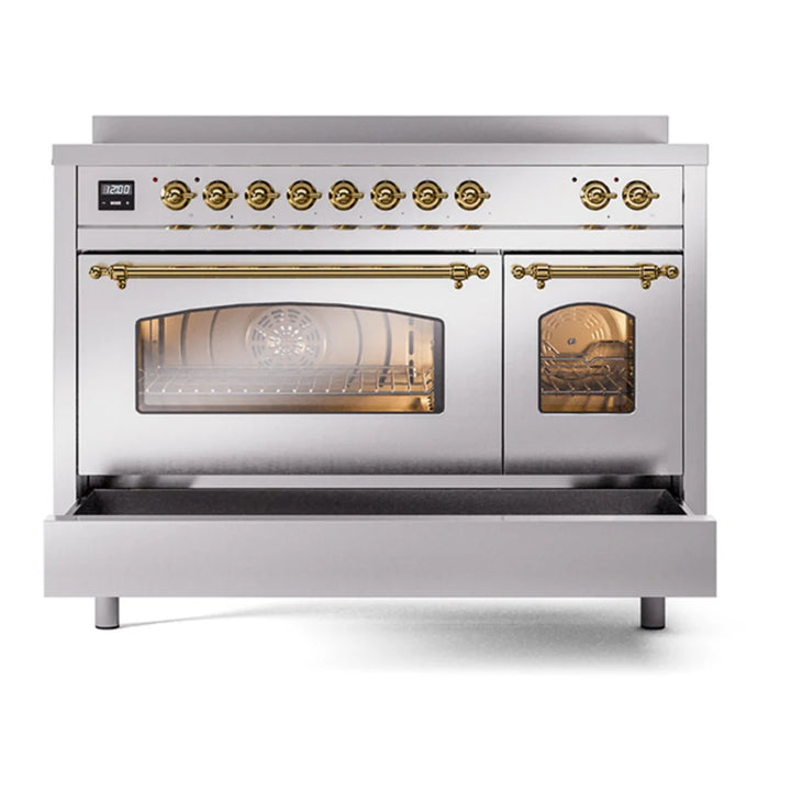 ILVE Nostalgie II 48" Induction Freestanding Range in Stainless Steel with Brass Trim, UPI486NMPSSG